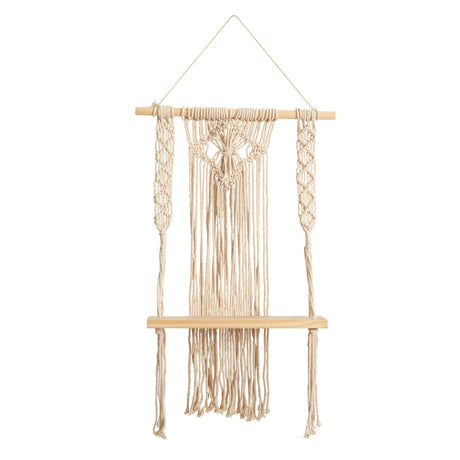 24" Boho Chic Wood Macrame Single Shelf Woven Diamond Wall Art Décor"-Parc Decor