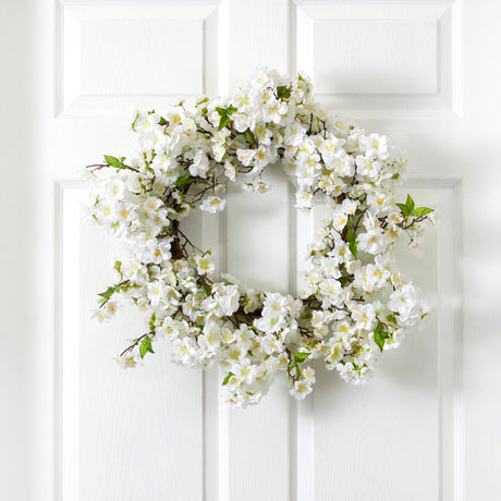 24” White Flower Blossom Wreath-Parc Decor
