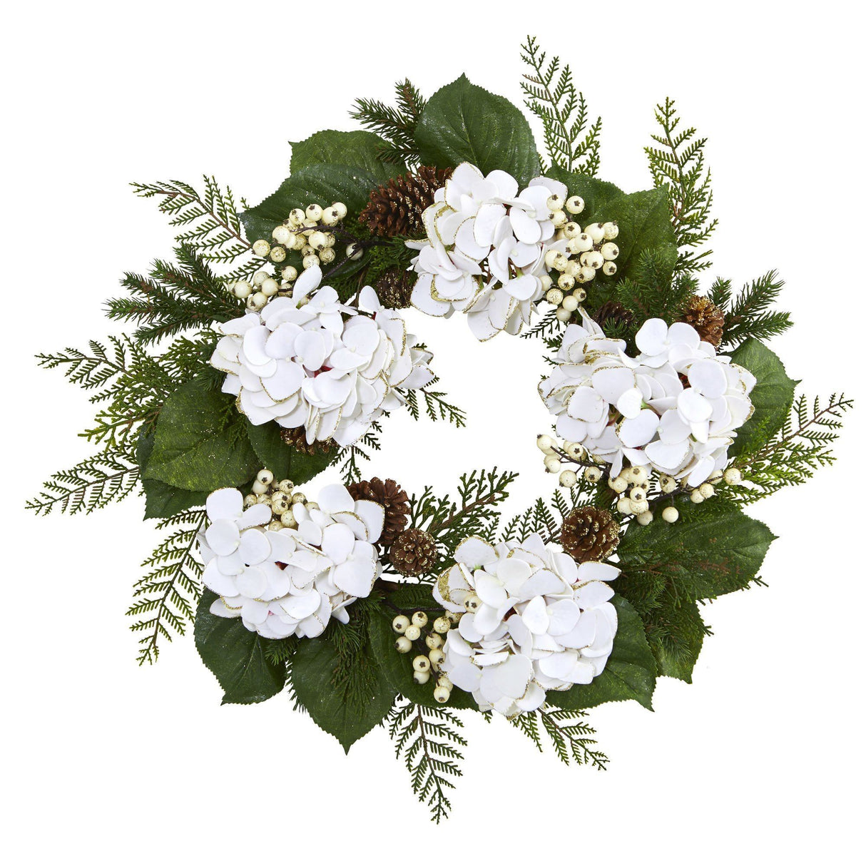 24” Artificial Hydrangea & Berry Gold Trimmed Wreath-Wreath-Parc Decor