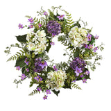 24” Artificial Hydrangea & Berry Wreath Lively Greens and Purple-Wreath-Parc Decor