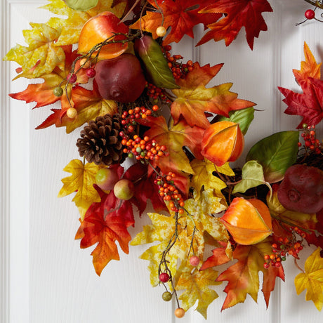 24” Autumn Maple Leaf and Berries Fall Artificial Wreath-Wreath-Parc Decor