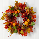 24” Autumn Maple Leaf and Berries Fall Artificial Wreath-Wreath-Parc Decor