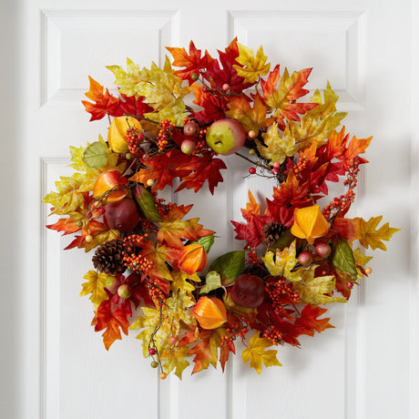 24” Autumn Maple Leaf and Berries Fall Artificial Wreath-Wreath-Parc Decor