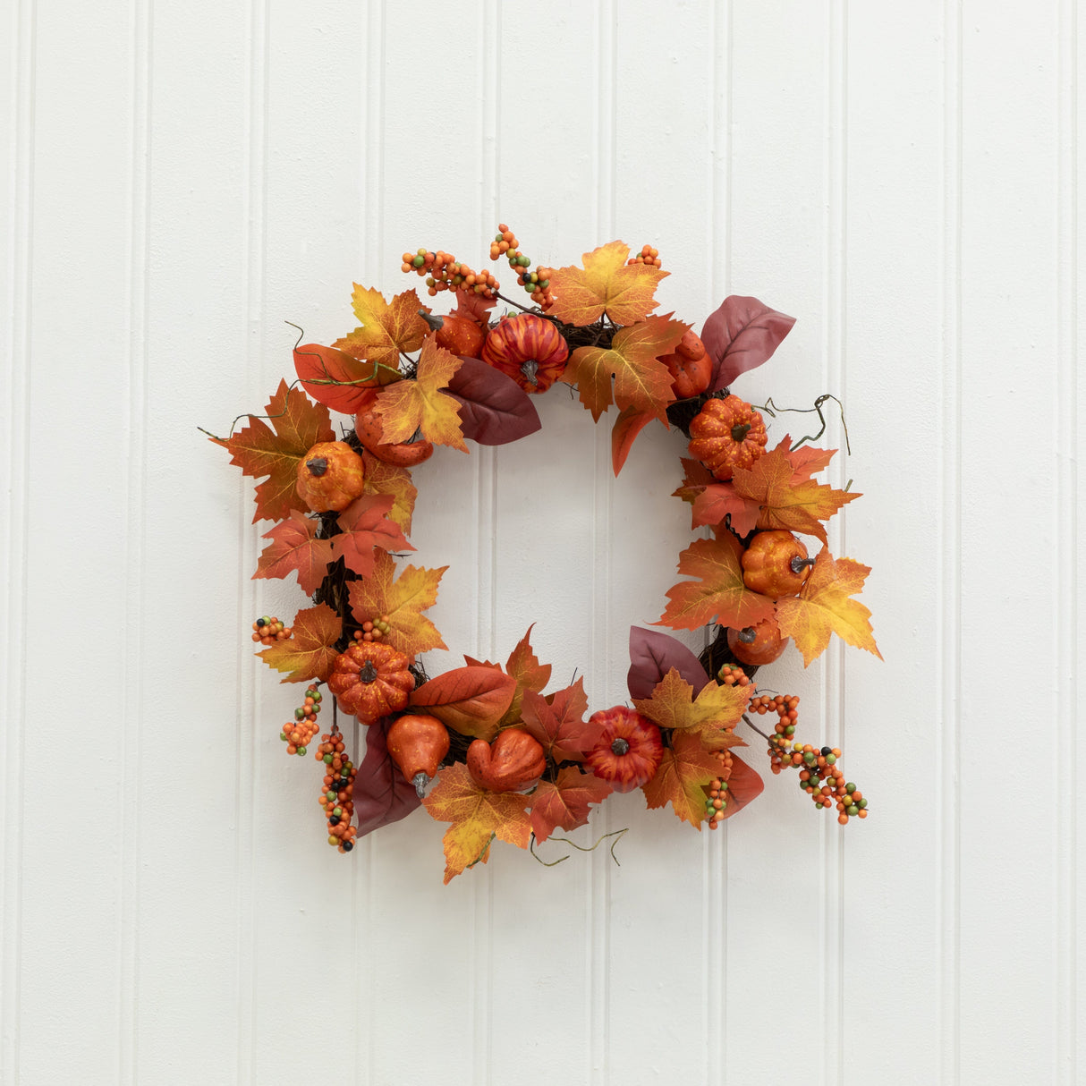24” Autumn Maple Leaves, Pumpkin, Pinecone and Berries Artificial Fall Wreath-Wreath-Parc Decor