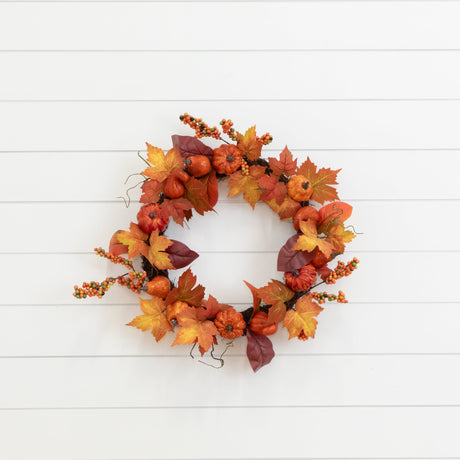 24” Autumn Maple Leaves, Pumpkin, Pinecone and Berries Artificial Fall Wreath-Wreath-Parc Decor