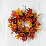 24” Autumn Pumpkin and Berries Artificial Fall Wreath-Wreath-Parc Decor