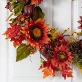 24” Autumn Sunflower, Pumpkin, Pinecone and Berries Fall Artificial Wreat-Wreath-Parc Decor