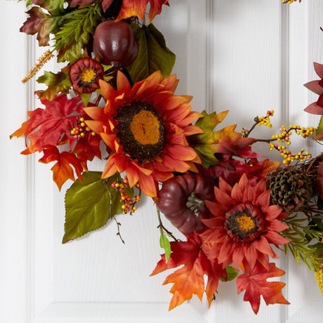 24” Autumn Sunflower, Pumpkin, Pinecone and Berries Fall Artificial Wreat-Wreath-Parc Decor