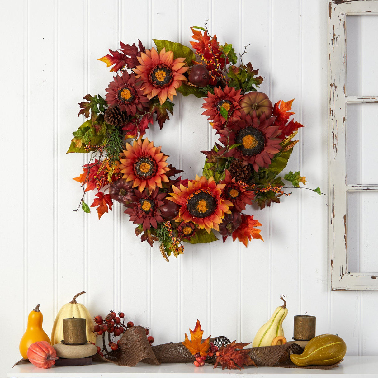 24” Autumn Sunflower, Pumpkin, Pinecone and Berries Fall Artificial Wreat-Wreath-Parc Decor