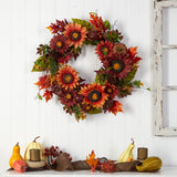24” Autumn Sunflower, Pumpkin, Pinecone and Berries Fall Artificial Wreat-Wreath-Parc Decor