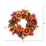 24” Autumn Sunflower, Pumpkin, Pinecone and Berries Fall Artificial Wreat-Wreath-Parc Decor
