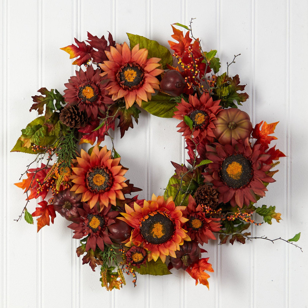 24” Autumn Sunflower, Pumpkin, Pinecone and Berries Fall Artificial Wreat-Wreath-Parc Decor