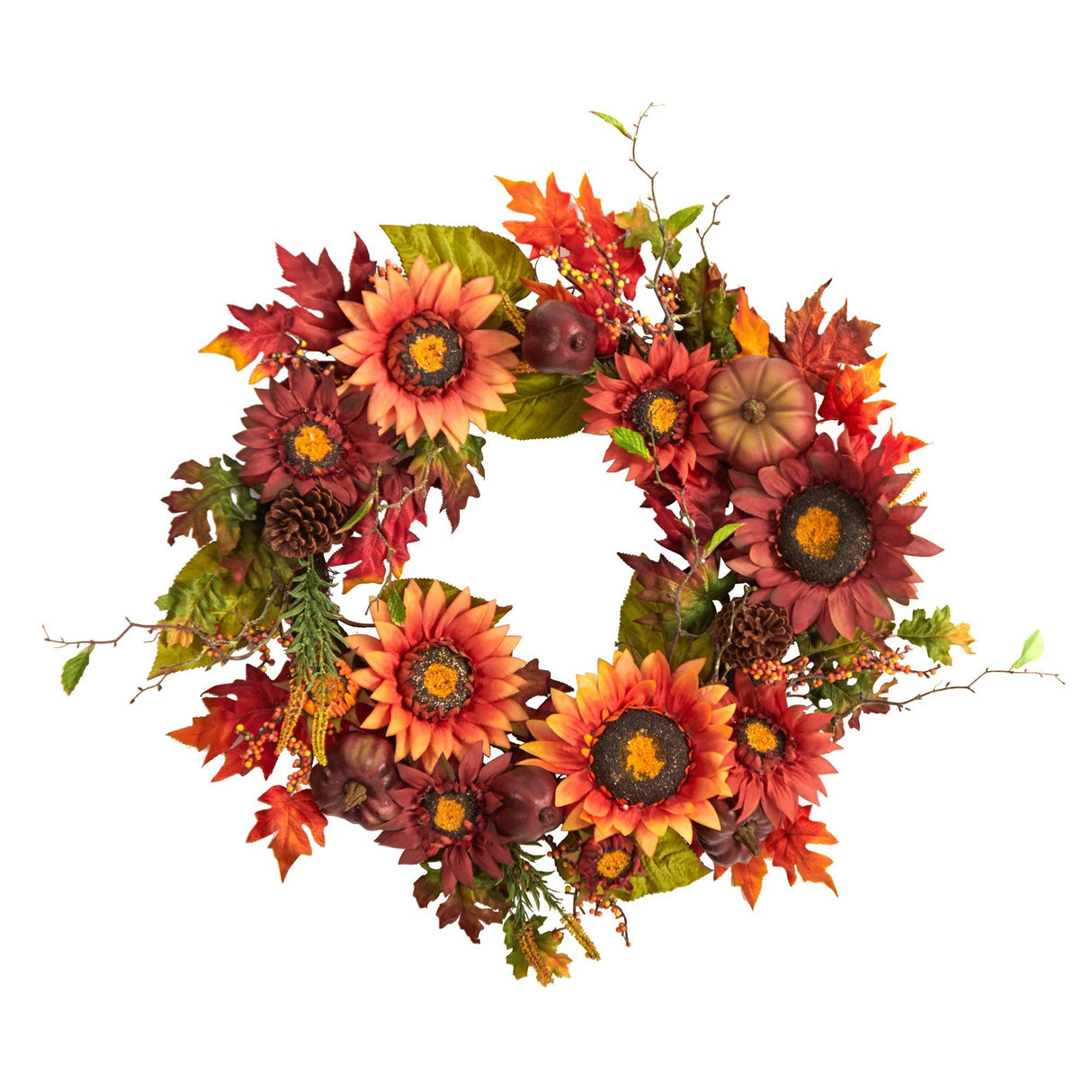 24” Autumn Sunflower, Pumpkin, Pinecone and Berries Fall Artificial Wreat-Wreath-Parc Decor