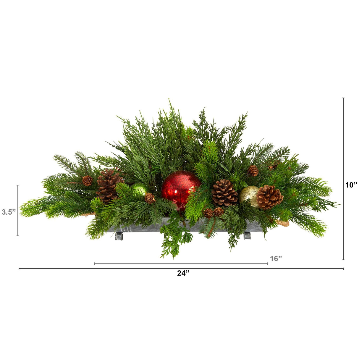 24” Cedar Pine, Pinecones and Ornaments Artificial Christmas Arrangement in Tin Vase-Candelabrum-Parc Decor
