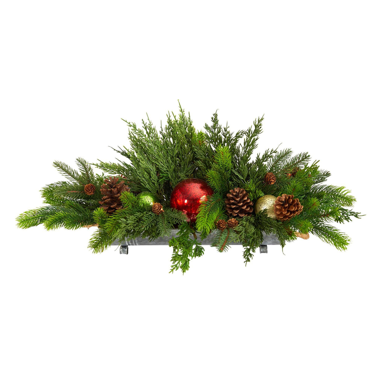 24” Cedar Pine, Pinecones and Ornaments Artificial Christmas Arrangement in Tin Vase-Candelabrum-Parc Decor