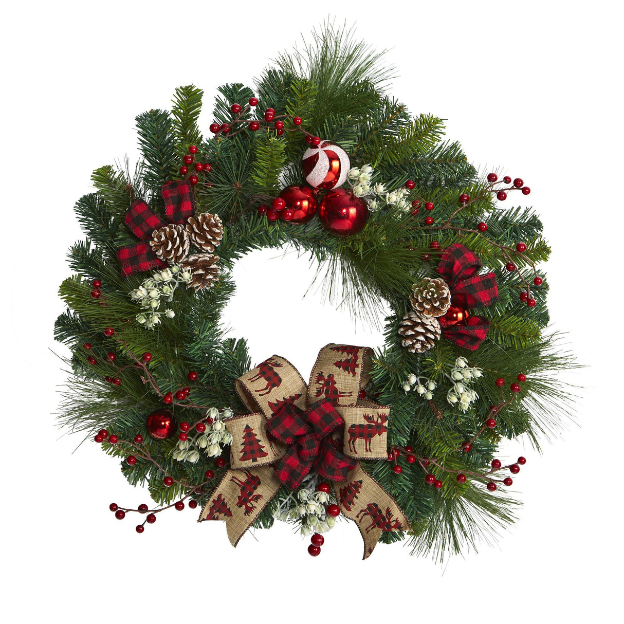 24” Christmas Pine Artificial Wreath with Pine Cones and Ornaments-Wreath-Parc Decor