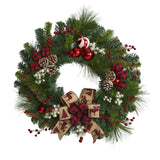 24” Christmas Pine Artificial Wreath with Pine Cones and Ornaments-Wreath-Parc Decor