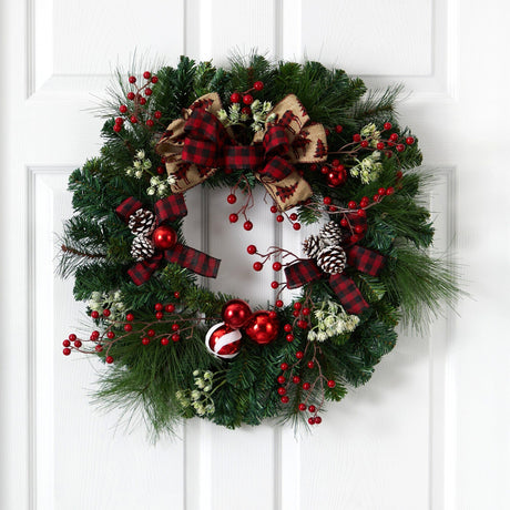 24” Christmas Pine Artificial Wreath with Pine Cones and Ornaments-Wreath-Parc Decor