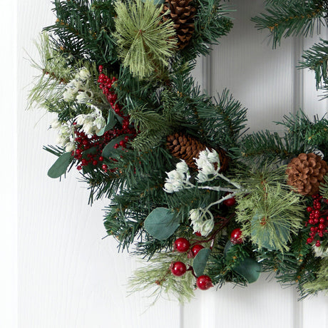24” Eucalyptus and Pine Artificial Wreath with Berries and Pine Cones-Wreath-Parc Decor