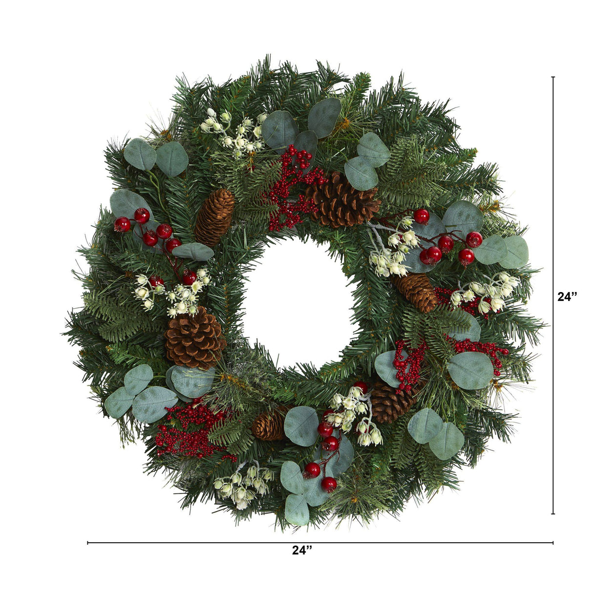 24” Eucalyptus and Pine Artificial Wreath with Berries and Pine Cones-Wreath-Parc Decor