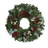 24” Eucalyptus and Pine Artificial Wreath with Berries and Pine Cones-Wreath-Parc Decor