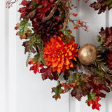 24” Fall Dahlia, Golden Apple, Oak Leaf and Berries Autumn Artificial Wreath-Wreath-Parc Decor