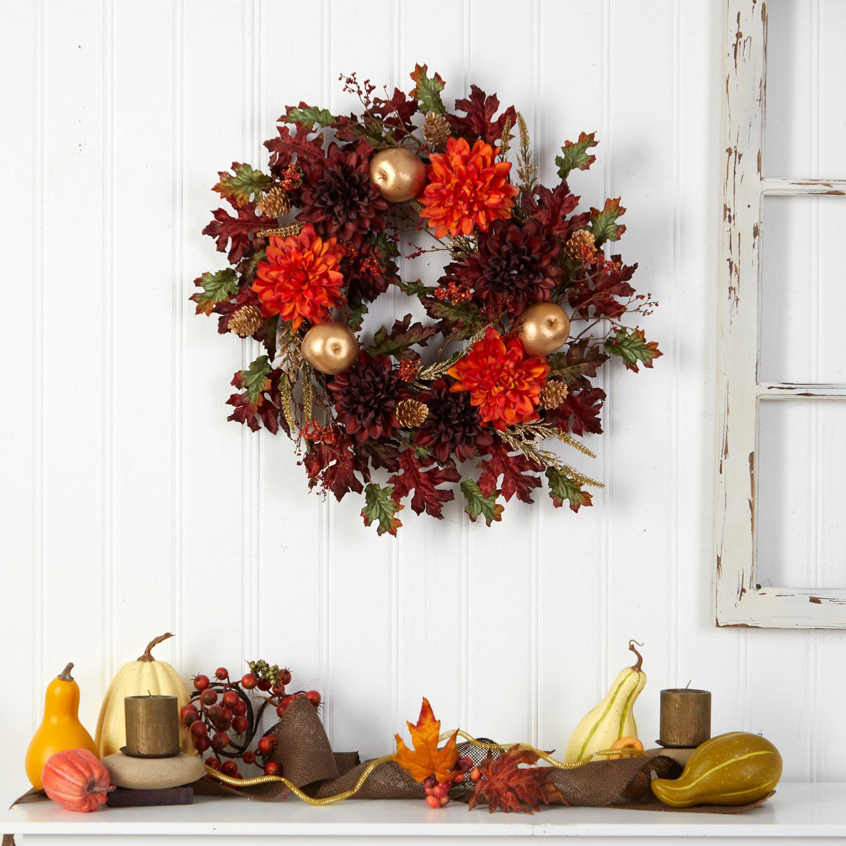 24” Fall Dahlia, Golden Apple, Oak Leaf and Berries Autumn Artificial Wreath-Wreath-Parc Decor