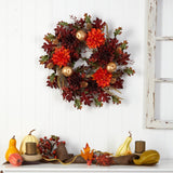 24” Fall Dahlia, Golden Apple, Oak Leaf and Berries Autumn Artificial Wreath-Wreath-Parc Decor