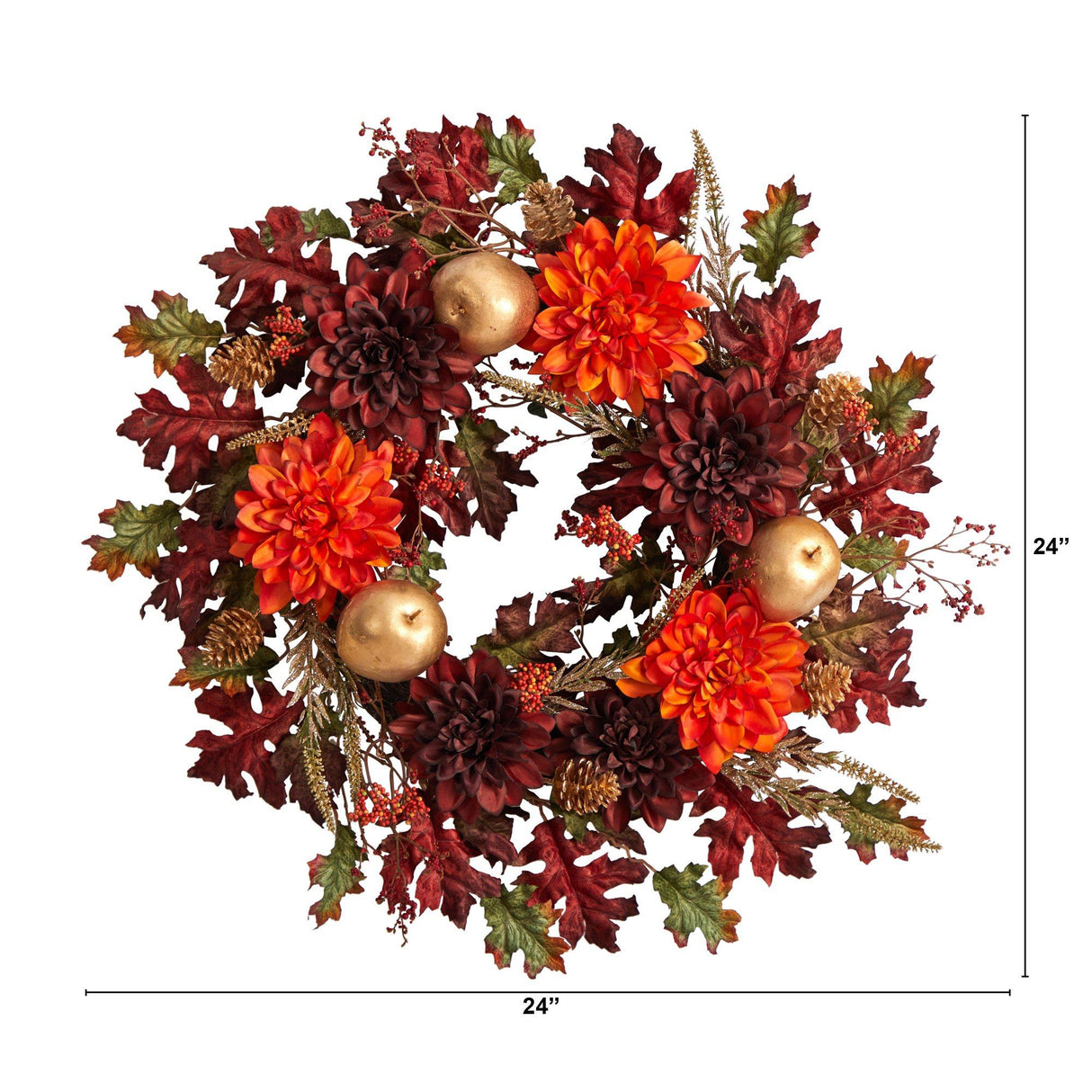 24” Fall Dahlia, Golden Apple, Oak Leaf and Berries Autumn Artificial Wreath-Wreath-Parc Decor