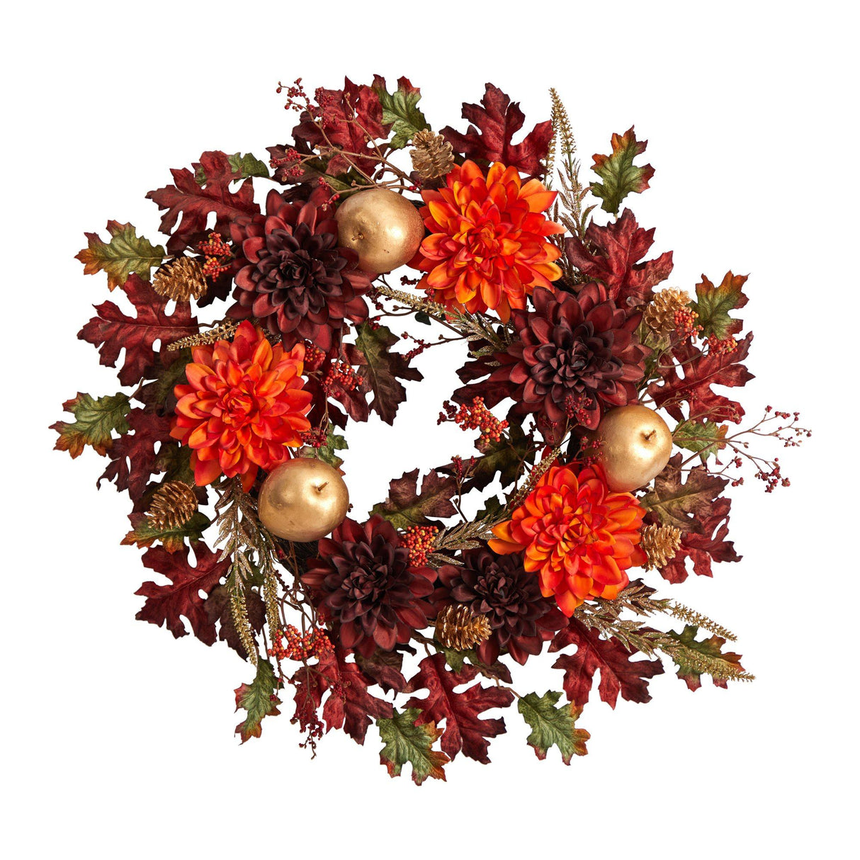 24” Fall Dahlia, Golden Apple, Oak Leaf and Berries Autumn Artificial Wreath-Wreath-Parc Decor