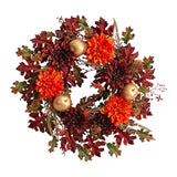 24” Fall Dahlia, Golden Apple, Oak Leaf and Berries Autumn Artificial Wreath-Wreath-Parc Decor