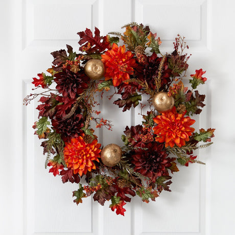 24” Fall Dahlia, Golden Apple, Oak Leaf and Berries Autumn Artificial Wreath-Wreath-Parc Decor
