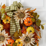 24” Fall Pumpkin, Sunflower Artificial Autumn Wreath with Decorative Ribbon-Wreath-Parc Decor