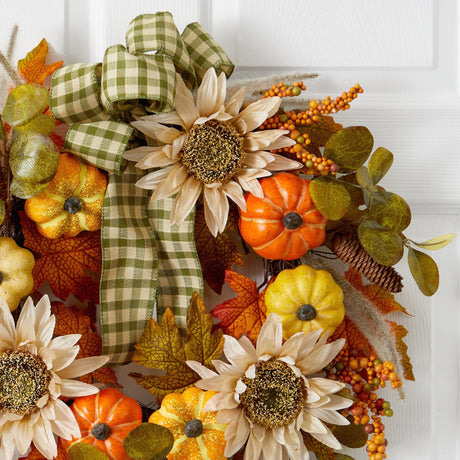 24” Fall Pumpkin, Sunflower Artificial Autumn Wreath with Decorative Ribbon-Wreath-Parc Decor