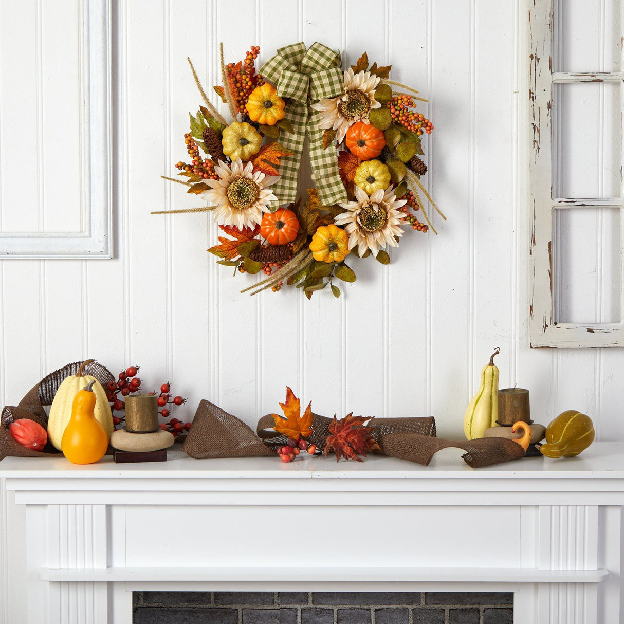 24” Fall Pumpkin, Sunflower Artificial Autumn Wreath with Decorative Ribbon-Wreath-Parc Decor