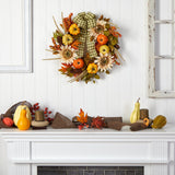 24” Fall Pumpkin, Sunflower Artificial Autumn Wreath with Decorative Ribbon-Wreath-Parc Decor