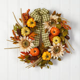 24” Fall Pumpkin, Sunflower Artificial Autumn Wreath with Decorative Ribbon-Wreath-Parc Decor