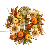 24” Fall Pumpkin, Sunflower Artificial Autumn Wreath with Decorative Ribbon-Wreath-Parc Decor