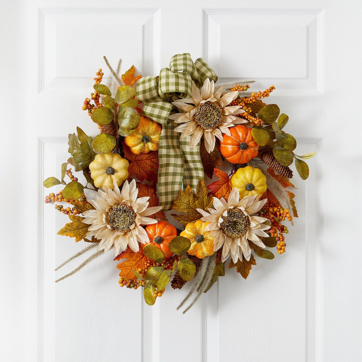 24” Fall Pumpkin, Sunflower Artificial Autumn Wreath with Decorative Ribbon-Wreath-Parc Decor
