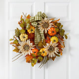 24” Fall Pumpkin, Sunflower Artificial Autumn Wreath with Decorative Ribbon-Wreath-Parc Decor