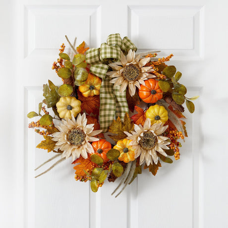 24” Fall Pumpkin, Sunflower Artificial Autumn Wreath with Decorative Ribbon-Wreath-Parc Decor