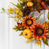 24” Fall Sunflower, Pumpkin, Gourds, Pinecone and Berries Autumn Artificial Wreath-Wreath-Parc Decor