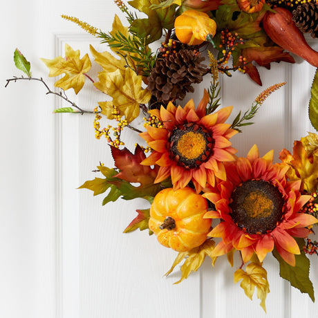 24” Fall Sunflower, Pumpkin, Gourds, Pinecone and Berries Autumn Artificial Wreath-Wreath-Parc Decor