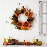 24” Fall Sunflower, Pumpkin, Gourds, Pinecone and Berries Autumn Artificial Wreath-Wreath-Parc Decor