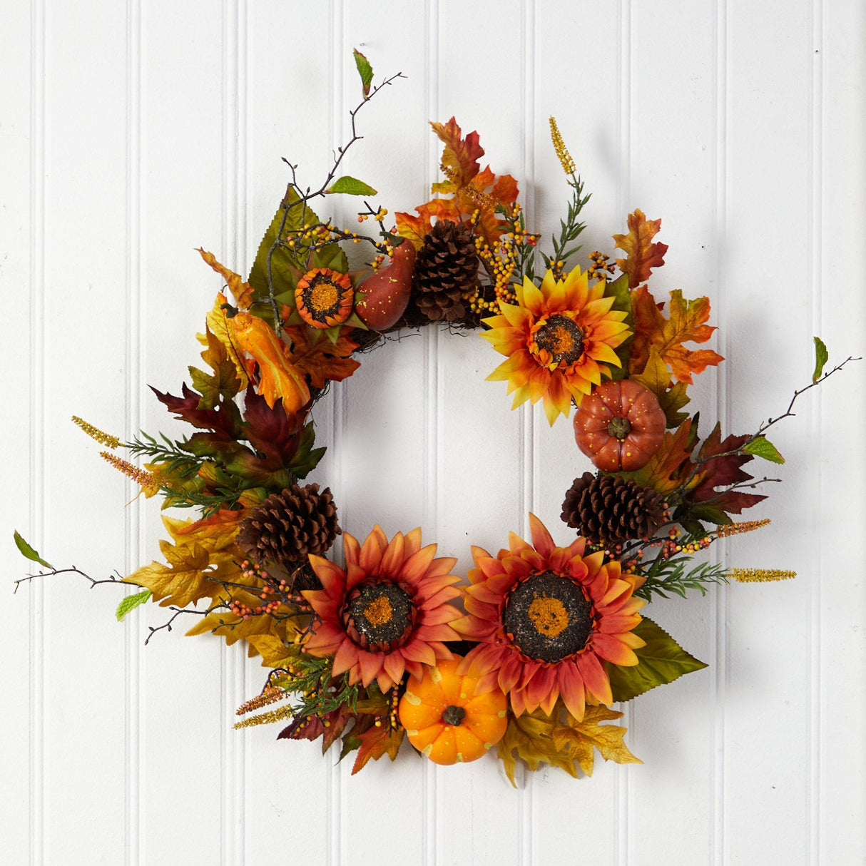 24” Fall Sunflower, Pumpkin, Gourds, Pinecone and Berries Autumn Artificial Wreath-Wreath-Parc Decor