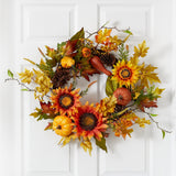 24” Fall Sunflower, Pumpkin, Gourds, Pinecone and Berries Autumn Artificial Wreath-Wreath-Parc Decor