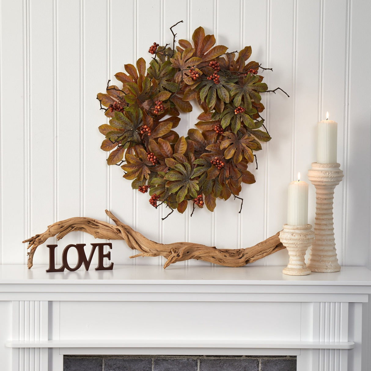 24” Fatsia with Berries Autumn Artificial Wreath-Wreath-Parc Decor