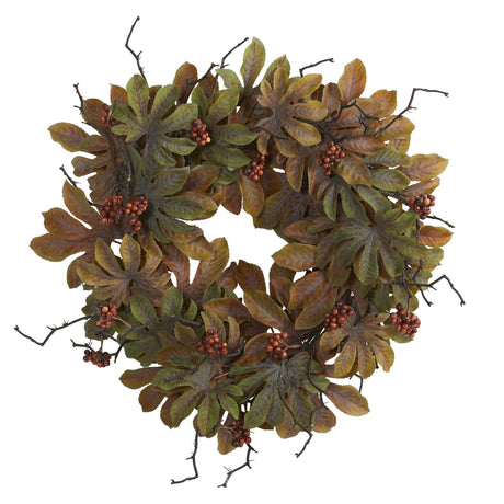 24” Fatsia with Berries Autumn Artificial Wreath-Wreath-Parc Decor