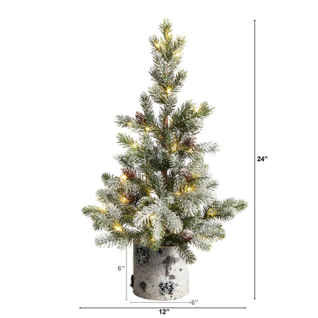24” Flocked Artificial Christmas Tree in Decorative Birch Bark Planter-Christmas Tree-Parc Decor