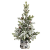 24” Flocked Artificial Christmas Tree in Decorative Birch Bark Planter-Christmas Tree-Parc Decor